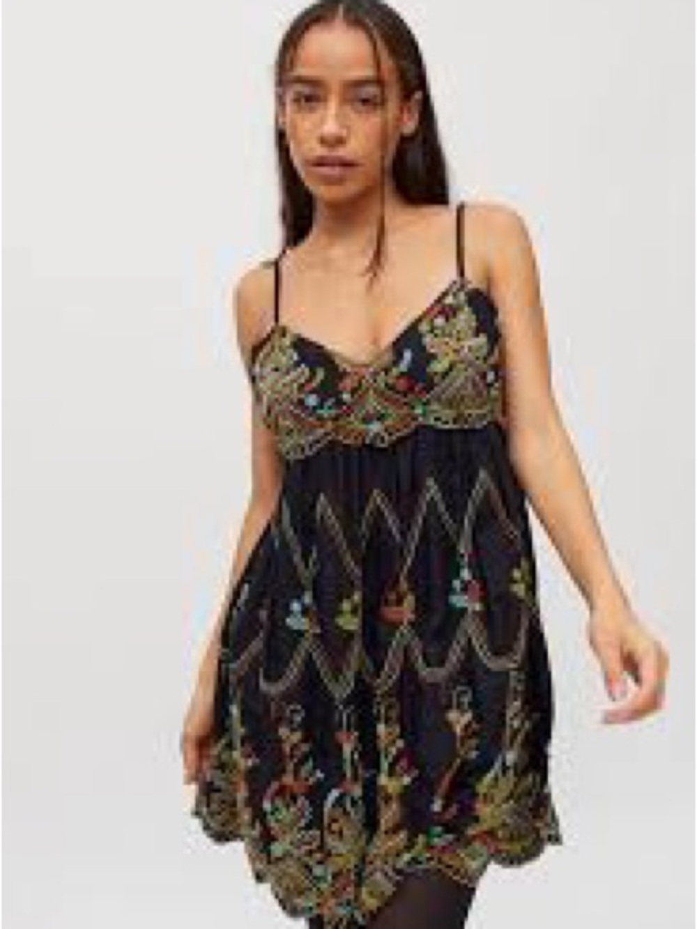 Urban Outfitters Jamie Embroidered Black Spaghetti-Strap Boho Mini Dress
